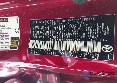 2023 Toyota Corolla Le from USA, damaged, VIN 5YFB4MDE3PP060784